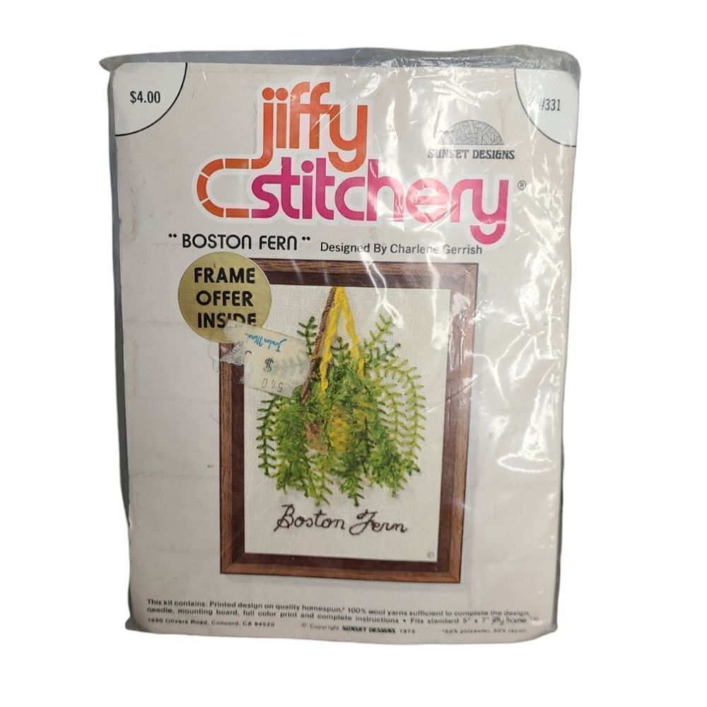 NEW VINTAGE 90s cross‎ stitch Boston Fern Jiffy Stitchery project wool 5x7